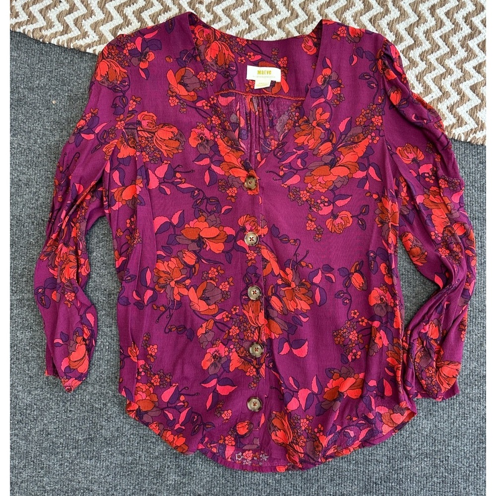 Maeve Anthropologie Jourdain Top Womens Size S Purple Floral Button Blouse Boho